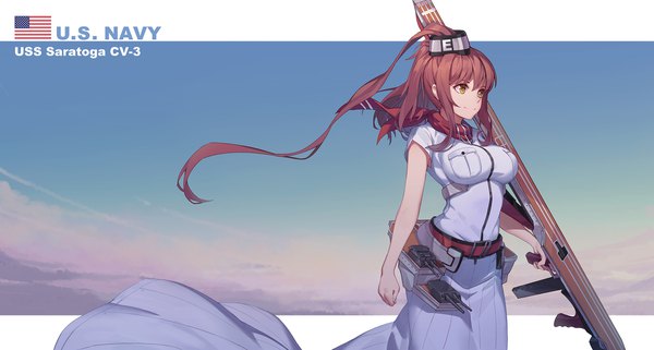 Anime picture 2238x1200 with kantai collection saratoga (kantai collection) nian (zhanian) single long hair fringe highres breasts smile hair between eyes wide image large breasts standing holding yellow eyes payot looking away sky cloud (clouds) outdoors