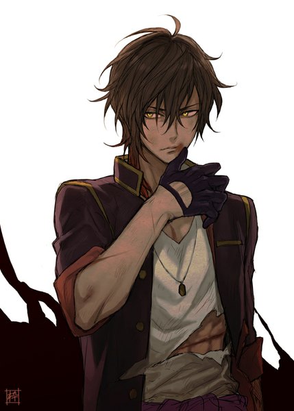 Anime picture 573x800 with touken ranbu nitroplus ookurikara single tall image fringe simple background brown hair white background yellow eyes looking away torn clothes injury cuts boy gloves black gloves blood locket scratch