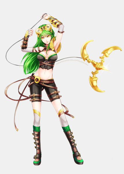 Anime picture 1000x1400 with original zenithomocha single long hair tall image simple background signed yellow eyes green hair grey background armpit (armpits) goggles on head girl weapon shorts belt armor goggles