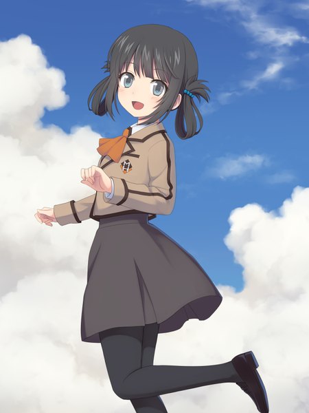 Anime picture 600x800 with nagi no asukara p.a. works shiodome miuna kuro (chrono) single tall image looking at viewer blush fringe short hair open mouth blue eyes black hair smile standing twintails payot sky cloud (clouds) outdoors