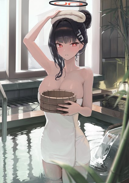 Anime picture 2480x3508 with blue archive rio (blue archive) hallo (rltkdydrltk) single tall image looking at viewer blush fringe highres short hair breasts light erotic black hair red eyes large breasts standing holding indoors arm up armpit (armpits)