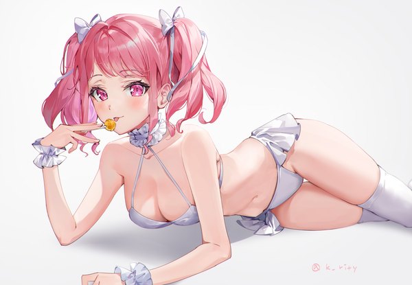 Anime picture 1431x989 with bang dream! maruyama aya rity single short hair breasts light erotic simple background white background twintails signed looking away pink hair pink eyes underwear only twitter username short twintails reclining girl thighhighs