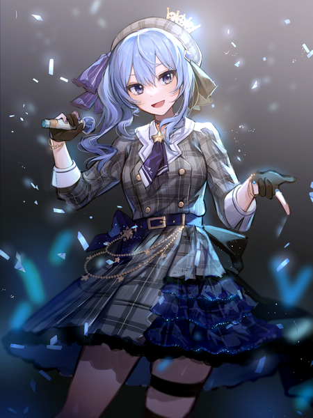 Anime picture 3000x4000 with virtual youtuber hololive hoshimachi suisei hoshimachi suisei (1st costume) nannaspad single long hair tall image fringe highres open mouth hair between eyes purple eyes blue hair looking away nail polish :d side ponytail girl dress