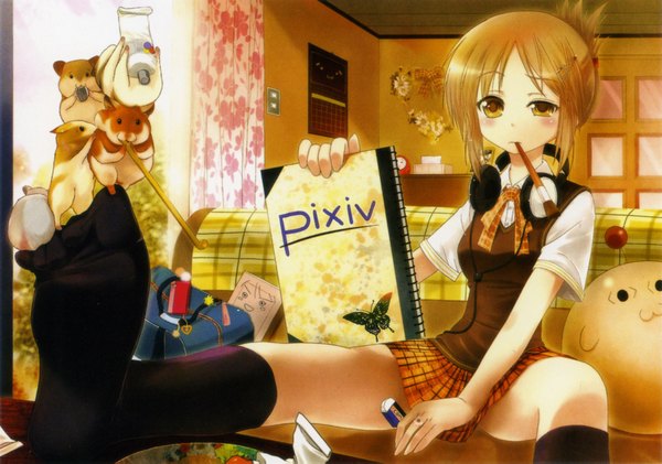 Anime picture 2184x1535 with pixiv girls collection 2010 blush highres blonde hair brown hair brown eyes yellow eyes orange hair uniform hair ornament school uniform animal window hairclip headphones insect butterfly curtains ring couch