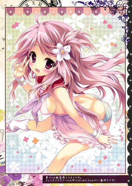Anime picture 2472x3500 with prismatic world (artbook) shiramori yuse single long hair tall image looking at viewer blush highres breasts open mouth light erotic purple eyes pink hair hair flower scan nearly naked apron girl hair ornament underwear panties