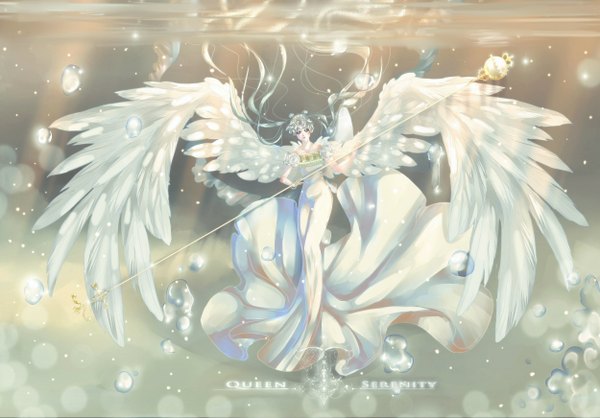 Anime picture 2500x1744 with bishoujo senshi sailor moon toei animation tsukino usagi princess serenity neo queen serenity single highres blue eyes twintails silver hair very long hair hair bun (hair buns) angel wings girl dress wings white dress bubble (bubbles) staff crown