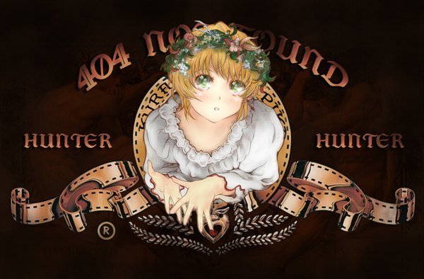 Anime picture 2618x1723 with hunter x hunter metro-goldwyn-mayer kurapica brok (tcypy007) single looking at viewer blush fringe highres short hair blonde hair green eyes upper body parted lips copyright name brown background parody boy wreath head wreath