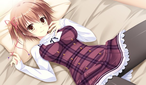 Anime picture 1024x600 with da capo iii hinomoto aoi takano yuki (allegro mistic) short hair light erotic brown hair wide image brown eyes game cg lying one side up girl dress pantyhose