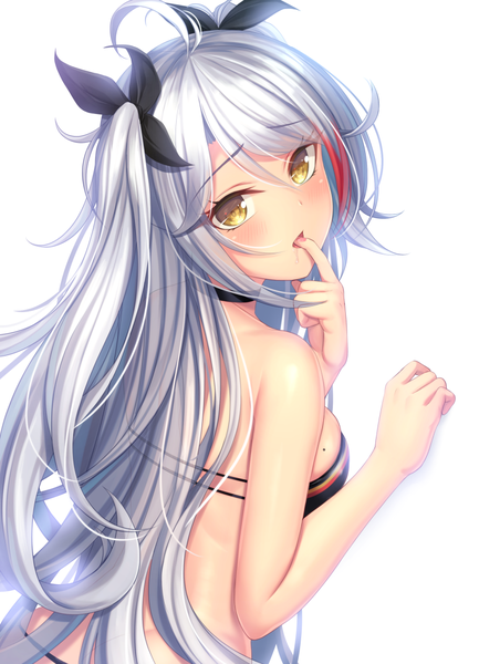 Anime picture 800x1108 with azur lane prinz eugen (azur lane) prinz eugen (unfading smile) (azur lane) tiphereth single long hair tall image looking at viewer blush fringe breasts light erotic simple background hair between eyes white background yellow eyes payot silver hair ahoge upper body