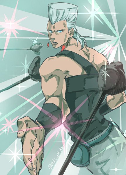 Anime picture 578x800 with jojo no kimyou na bouken jean pierre polnareff aki epiko single tall image looking at viewer short hair blue eyes bare shoulders signed blue hair outstretched arm boy weapon earrings wristlet fanny pack rapier