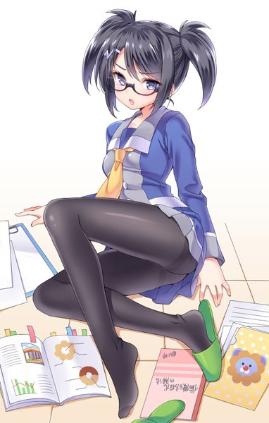 Anime picture 571x895 with pop'n music root@chou dou-ken shouni (sato3) single tall image looking at viewer blush fringe short hair open mouth light erotic black hair purple eyes twintails full body short twintails girl dress pantyhose glasses