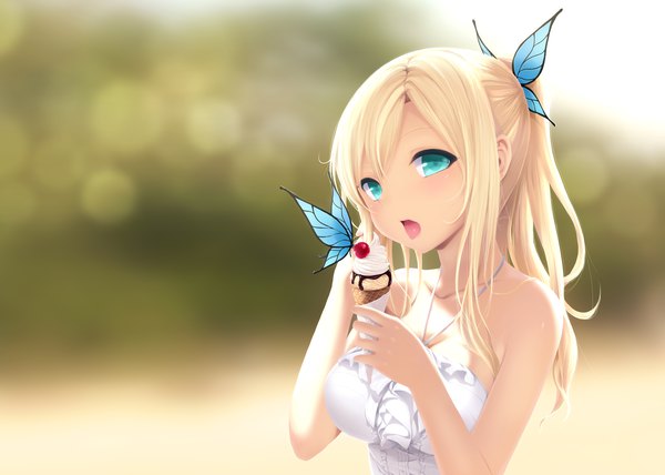 Anime picture 4961x3543 with boku wa tomodachi ga sukunai kashiwazaki sena cait single long hair looking at viewer blush highres breasts open mouth blonde hair large breasts bare shoulders absurdres cleavage ponytail aqua eyes blurry depth of field sleeveless