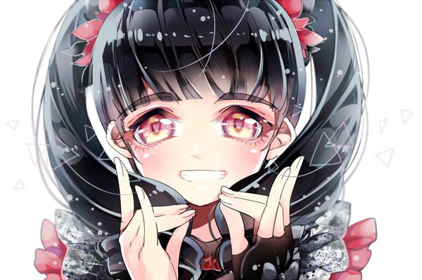 Anime picture 1000x666 with babymetal kikuchi moa ayumaru (art of life) single long hair looking at viewer blush fringe black hair smile red eyes white background twintails blunt bangs close-up fox shadow puppet girl gloves fingerless gloves single glove