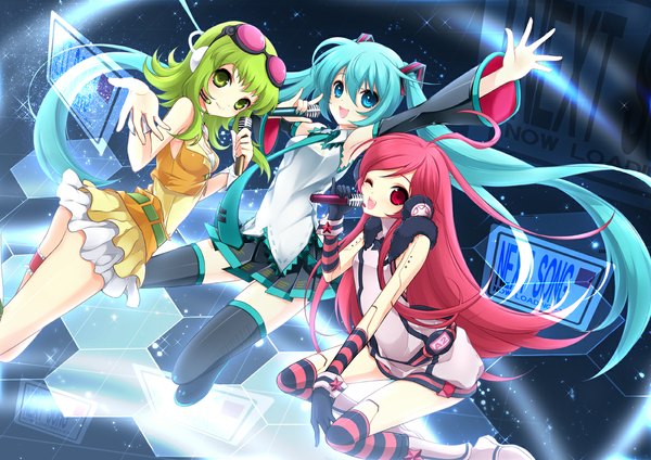 Anime picture 1191x842 with vocaloid hatsune miku gumi miki (vocaloid) juna long hair short hair open mouth blue eyes red eyes twintails multiple girls green eyes red hair one eye closed green hair wink aqua hair girl thighhighs