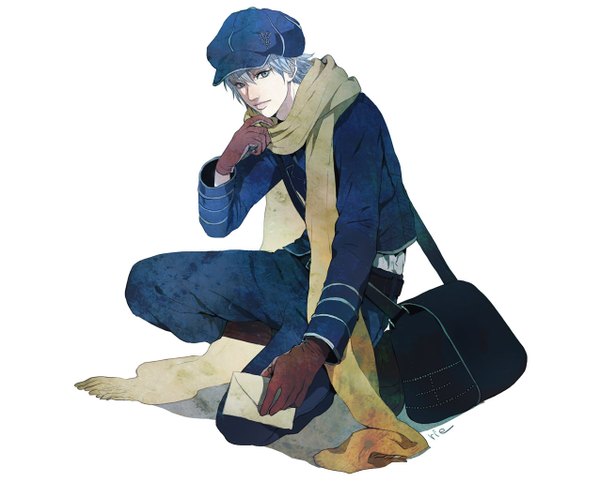 Anime picture 1276x1027 with tegami bachi gauche suede sumishuu single simple background white background squat boy gloves uniform hat scarf bag cap letter