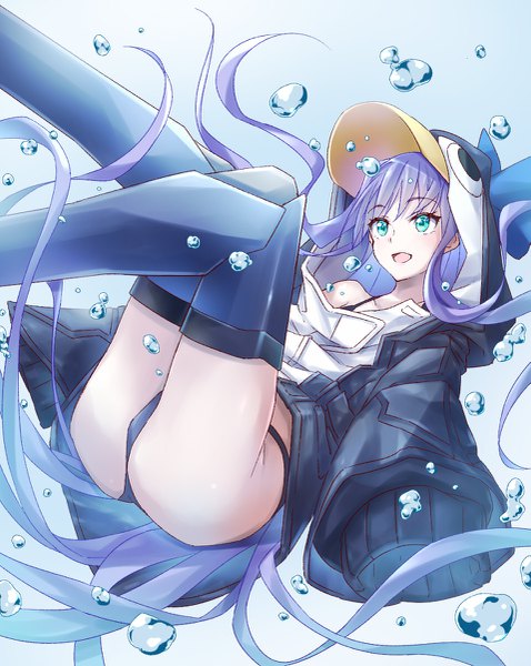 Anime picture 957x1200 with fate (series) fate/grand order meltryllis (fate) meltryllis (swimsuit lancer) (fate) shadowsoforacle single tall image open mouth light erotic looking away purple hair long sleeves very long hair aqua eyes animal hood girl jacket hood water drop animal costume