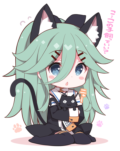 Anime picture 714x900 with kantai collection yamakaze (kantai collection) watanohara single long hair tall image looking at viewer fringe open mouth blue eyes simple background hair between eyes white background sitting animal ears full body tail animal tail green hair cat ears