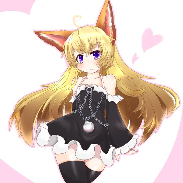 Anime picture 1500x1500 with tera online guya single long hair looking at viewer blush blonde hair smile white background purple eyes animal ears girl thighhighs detached sleeves