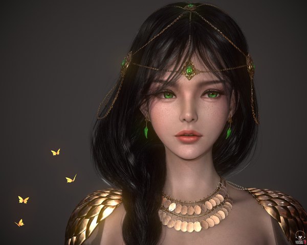 Anime picture 1920x1536 with ghost blade aeolian wlop lee gh single long hair highres black hair simple background green eyes braid (braids) parted lips lips realistic grey background borrowed character girl navel hair ornament earrings