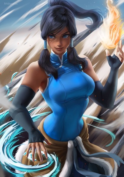 Anime picture 1242x1769 with avatar: the legend of korra korra carlos miguel single long hair tall image fringe breasts blue eyes black hair smile large breasts standing bare shoulders signed payot looking away ponytail wind realistic
