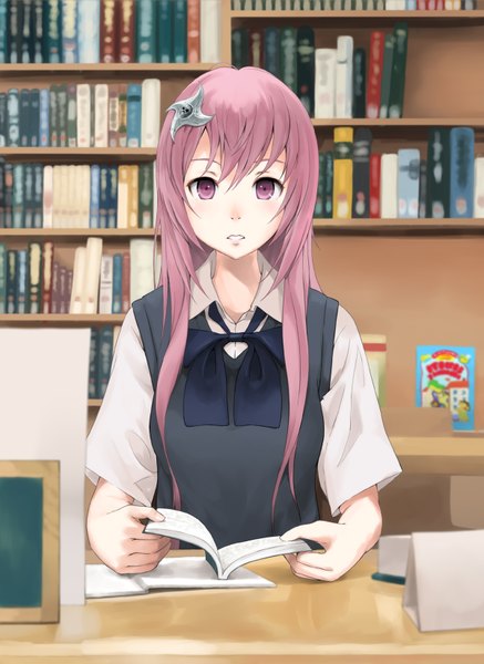 Anime picture 1200x1645 with original aoten (artist) single long hair tall image looking at viewer purple eyes purple hair girl hair ornament bowtie book (books)