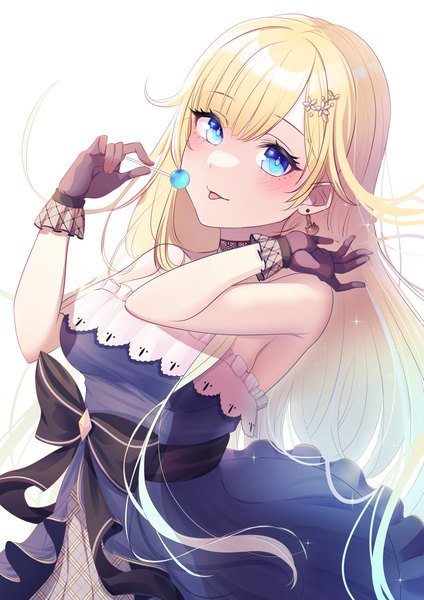 Anime picture 1736x2456 with virtual youtuber vspo! aizawa ema kiiro (cocoa080) single long hair tall image looking at viewer blush fringe highres blue eyes simple background blonde hair smile standing white background bare shoulders blunt bangs arms up