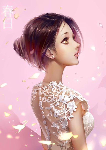 Anime picture 1248x1772 with original hx (091113) hx (visitor1014) single tall image brown hair brown eyes looking away profile lipstick hieroglyph pink background pink lipstick girl dress flower (flowers) earrings petals white dress