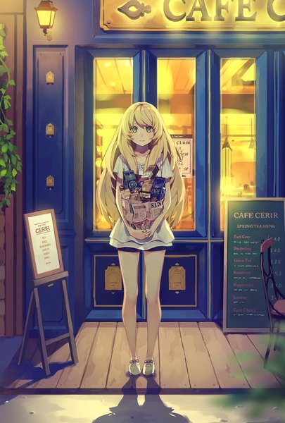 Anime picture 1200x1776 with original yohan12 single long hair tall image looking at viewer blonde hair holding yellow eyes inscription night shadow girl dress leaf (leaves) chair cookie (cookies) paper bag