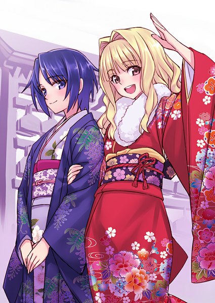 Anime picture 708x1000 with cross channel yamanobe miki sakura kiri matsuryuu long hair tall image looking at viewer blush short hair open mouth blue eyes blonde hair multiple girls brown eyes blue hair traditional clothes japanese clothes official art fur trim floral print