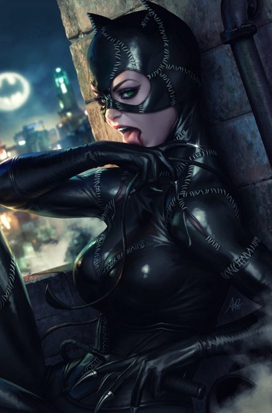 Anime picture 856x1300 with batman dc comics cat woman artgerm (stanley lau) single tall image looking at viewer breasts sitting green eyes signed cloud (clouds) outdoors realistic night city eyebrows cityscape eyeshadow licking