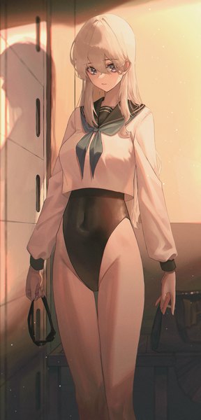 Anime picture 2885x6000 with original domi (hyaku8795) single long hair tall image looking at viewer fringe highres blue eyes light erotic hair between eyes holding white hair indoors long sleeves sunlight shadow thigh gap groin covered navel