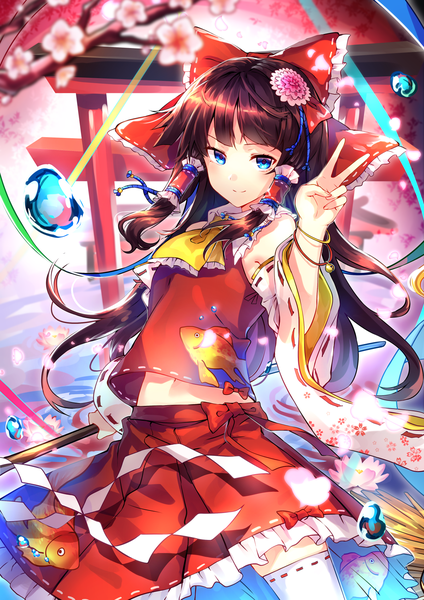 Anime picture 1200x1697 with touhou hakurei reimu uu uu zan single long hair tall image looking at viewer blue eyes smile brown hair victory animal print fish print girl thighhighs skirt flower (flowers) bow hair bow detached sleeves