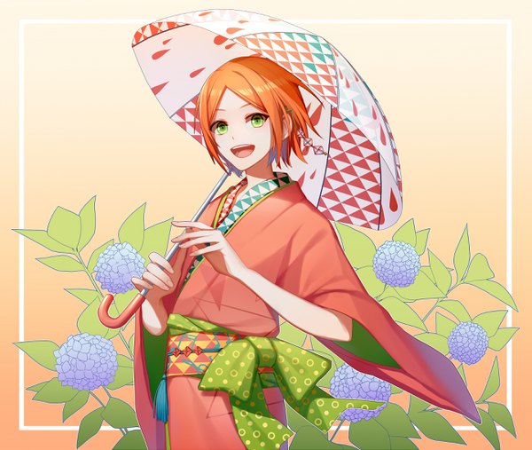 Anime picture 2600x2200 with ensemble stars! aoi hinata asd13 single looking at viewer highres short hair open mouth green eyes traditional clothes japanese clothes orange hair border orange background boy flower (flowers) umbrella obi yukata hydrangea