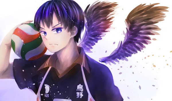 Anime picture 2330x1378 with haikyuu!! production i.g kageyama tobio nyoki1228 single fringe highres short hair blue eyes wide image holding black wings serious volleyball boy uniform wings gym uniform ball volleyball ball