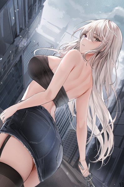 Anime picture 2720x4096 with original lillly single long hair tall image fringe highres light erotic hair between eyes standing purple eyes bare shoulders holding silver hair outdoors ass parted lips looking back wind from below