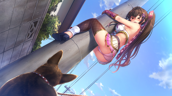 Anime picture 2560x1440 with ninnindays sumire (ninnindays) akasaai single long hair blush fringe highres breasts light erotic hair between eyes brown hair wide image large breasts game cg sky cloud (clouds) full body ahoge bent knee (knees)