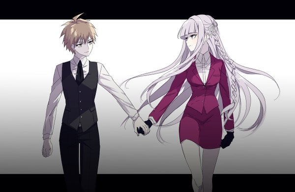 Anime picture 1300x845 with dangan ronpa kirigiri kyouko naegi makoto ayumi (xiwu) long hair fringe short hair simple background hair between eyes brown hair purple eyes brown eyes silver hair ahoge blunt bangs braid (braids) profile light smile couple gradient background