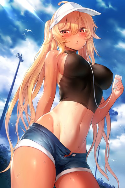 Anime picture 1197x1803 with original hiyake-chan mdastarou single long hair tall image looking at viewer blush fringe breasts open mouth light erotic blonde hair hair between eyes red eyes large breasts twintails holding payot sky