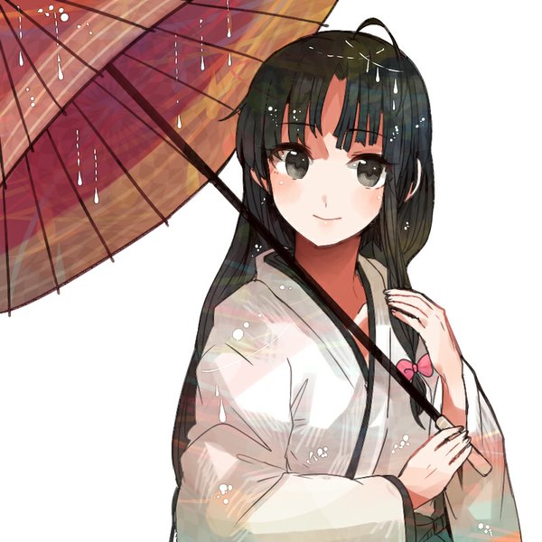 Anime picture 800x800 with kantai collection shouhou light aircraft carrier itomugi-kun single long hair blush black hair simple background smile white background looking away upper body ahoge traditional clothes japanese clothes black eyes shaded face girl bow hair bow