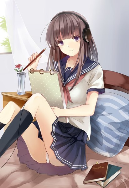 Anime picture 1600x2326 with original kita (kitairoha) single long hair tall image looking at viewer light erotic brown hair purple eyes light smile pantyshot pantyshot sitting girl flower (flowers) socks serafuku headphones book (books) black socks bed