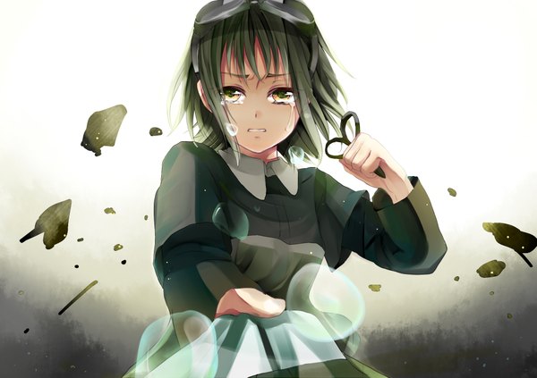 Anime picture 2032x1433 with vocaloid gumi kurabayashi single highres short hair green eyes green hair tears sad girl goggles scissors