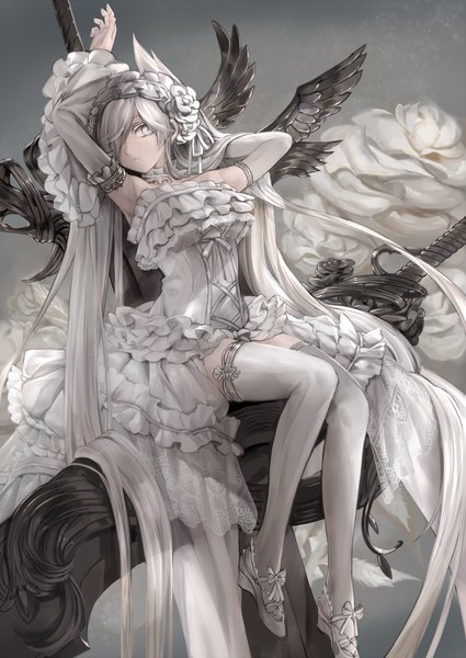 Anime picture 992x1402 with original mizushirazu single tall image looking at viewer fringe sitting very long hair grey hair hair over one eye white eyes girl thighhighs dress flower (flowers) ribbon (ribbons) detached sleeves white thighhighs wings shoes