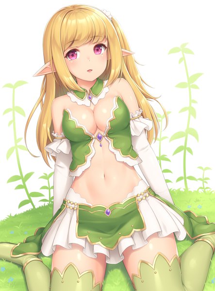 Anime picture 820x1110 with original sasaame single long hair tall image looking at viewer blush fringe breasts light erotic simple background blonde hair white background sitting bare shoulders payot parted lips pink eyes pointy ears one side up