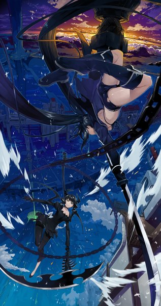 Anime picture 868x1641 with black rock shooter black rock shooter (character) dead master justminor long hair tall image light erotic black hair green eyes sky cloud (clouds) ass evening sunset jumping angry battle morning sunrise attack
