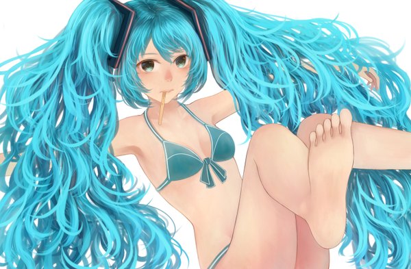 Anime picture 1450x950 with vocaloid hatsune miku bounin single long hair looking at viewer fringe simple background white background twintails barefoot aqua eyes aqua hair bare legs mouth hold girl swimsuit bikini