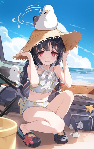 Anime picture 987x1563 with blue archive miyu (blue archive) miyu (swimsuit) (blue archive) nima (niru54) single long hair tall image looking at viewer black hair red eyes sky cloud (clouds) outdoors official alternate costume squat adjusting hat animal on head bird on head girl swimsuit