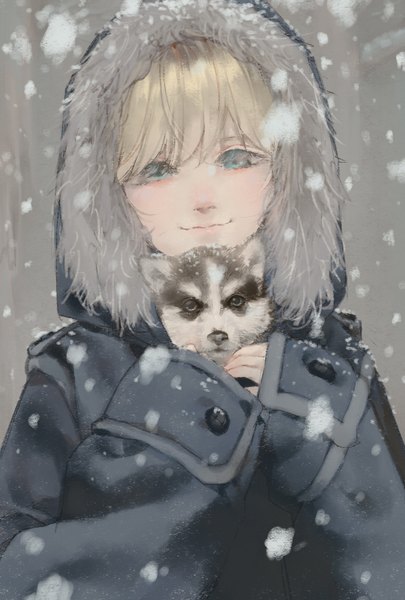 Anime picture 1181x1748 with original hana bell forest single tall image fringe short hair simple background blonde hair green eyes light smile grey background snowing winter boy animal fur hood coat dog
