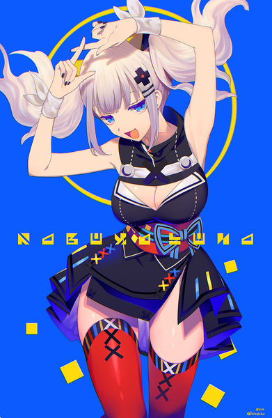 Anime picture 783x1200 with virtual youtuber the moon studio kaguya luna fucodoku single long hair tall image fringe breasts open mouth blue eyes simple background twintails signed payot cleavage silver hair nail polish arms up twitter username
