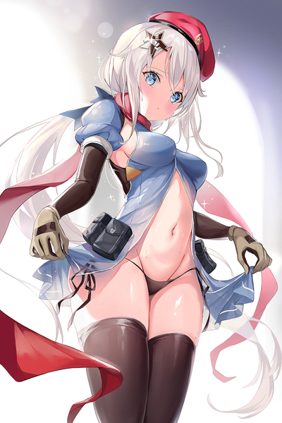 Anime picture 900x1350 with girls frontline 9a-91 (girls frontline) narae single long hair tall image looking at viewer blush fringe breasts blue eyes light erotic standing white hair from below puffy sleeves groin girl thighhighs gloves