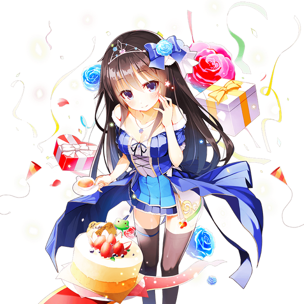 Anime-Bild 1024x1024 mit uchi no hime-sama ga ichiban kawaii emma beauty nekomu single long hair looking at viewer blush fringe breasts blue eyes black hair hair between eyes bare shoulders holding cleavage hair flower light smile from above transparent background girl